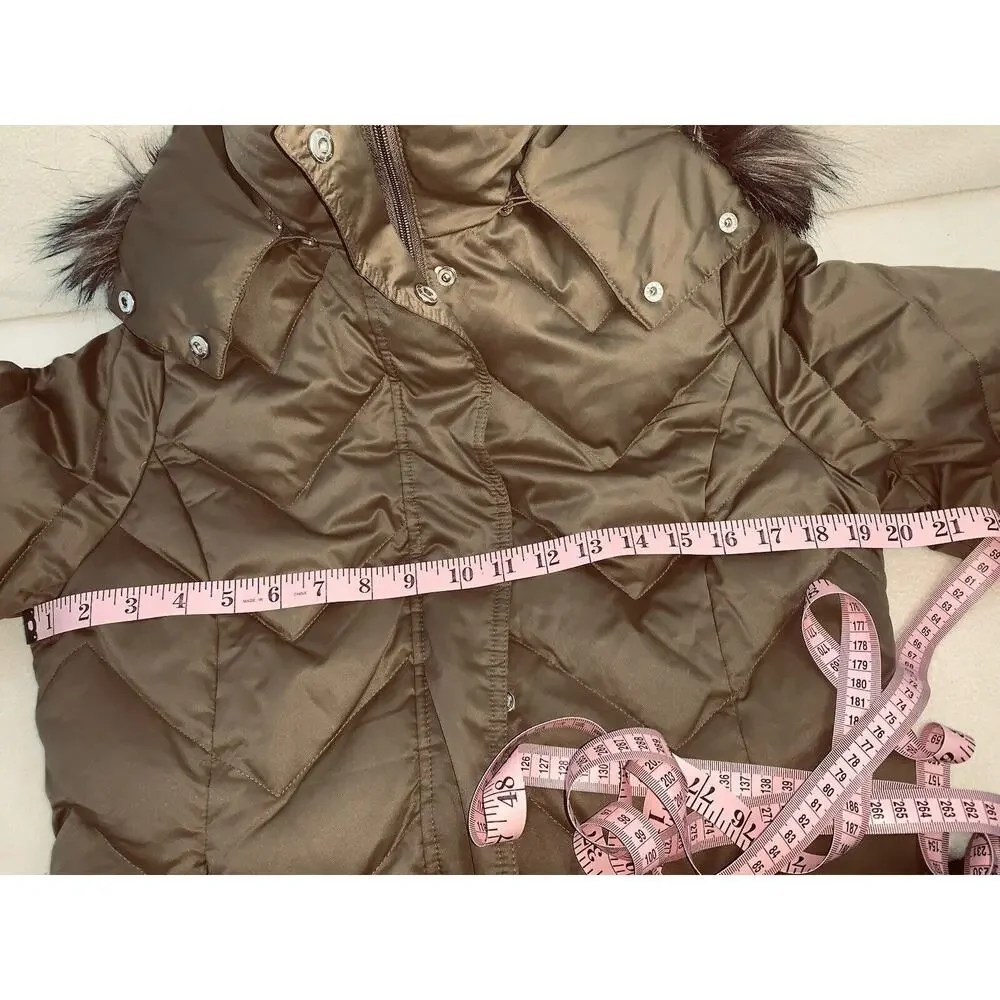 Sz M Nine West Womens Puffer Faux Fur Trim Hood jacket Down Parka Pockets Unworn